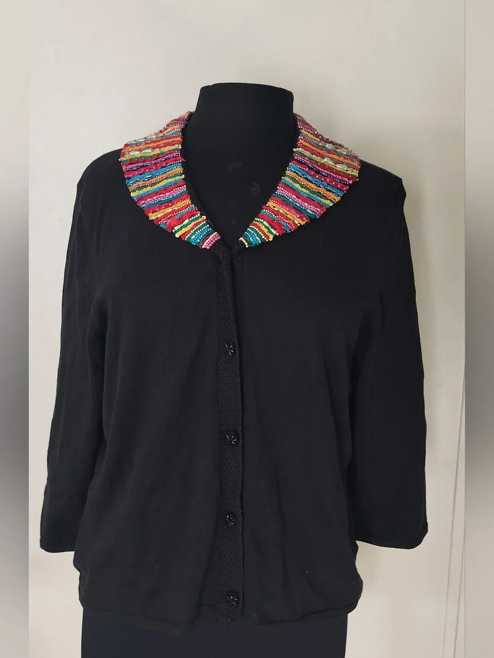 Michael Simon Black Button-Front Sweater with Multicolor Beaded Collar